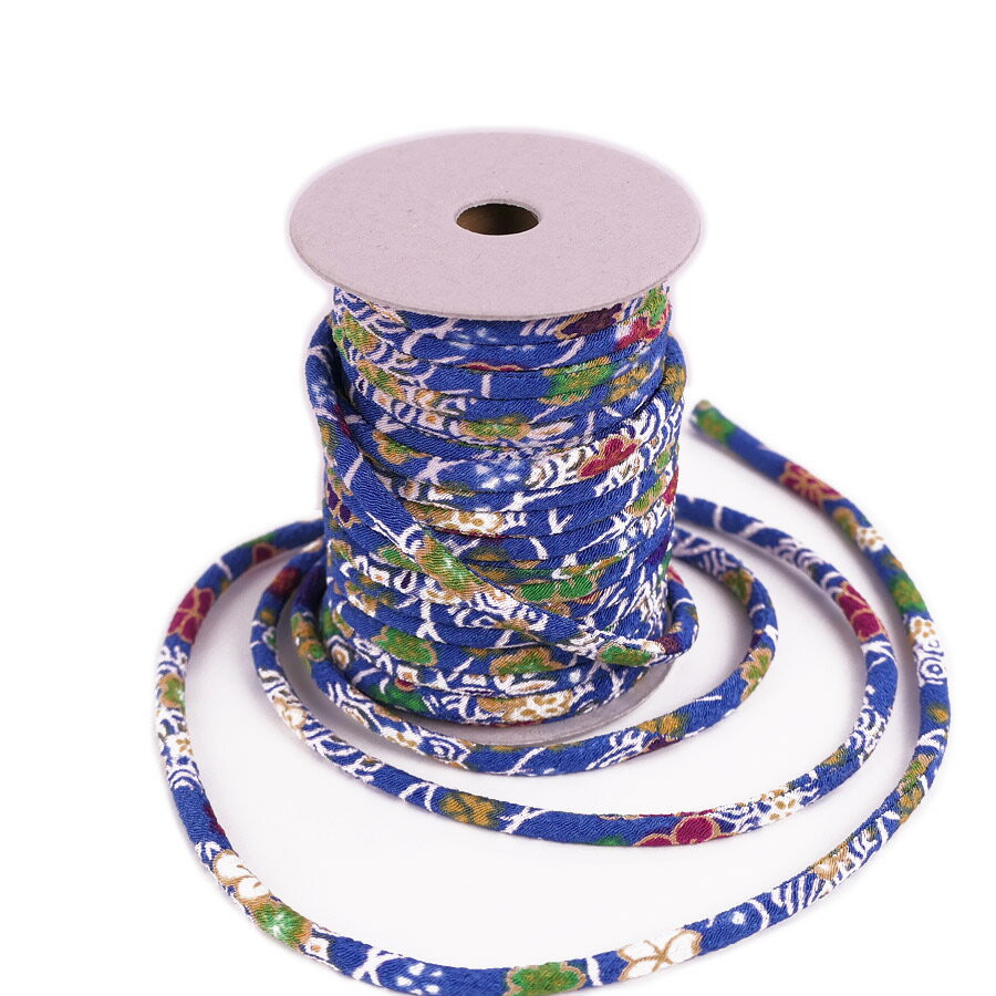 ちりめん丸ひも・柄・3ミリ(実寸約3-4ミリ)絢爛小紋・青 10cm単位 切り売り