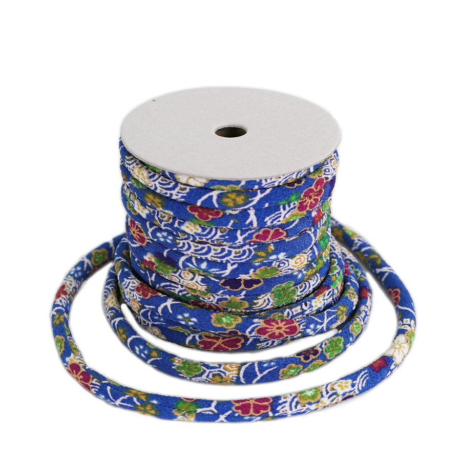 ちりめん丸ひも・柄・8ミリ(実寸約8-10ミリ)絢爛小紋・青 10cm単位 切り売り