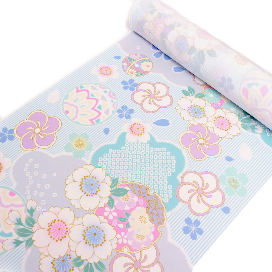 着物用洗える生地 縞に手まりと桜梅(水色) 1反売り(約12m)