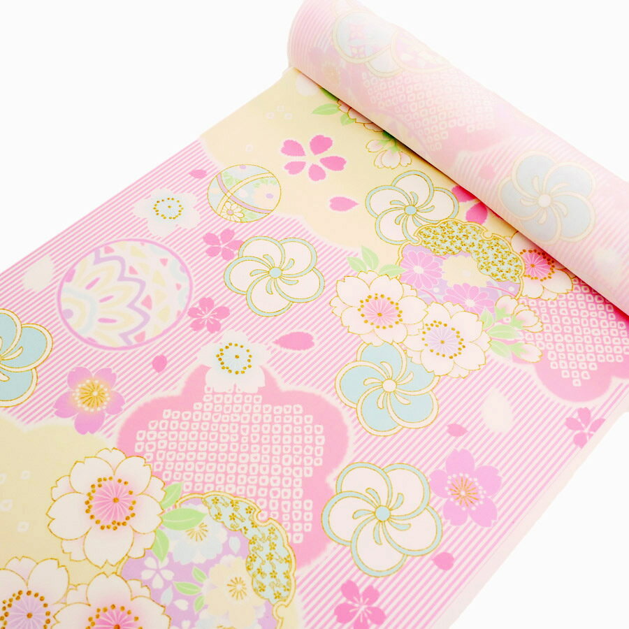 着物用洗える生地 縞に手まりと桜梅(ピンク) 1反売り(約12m)