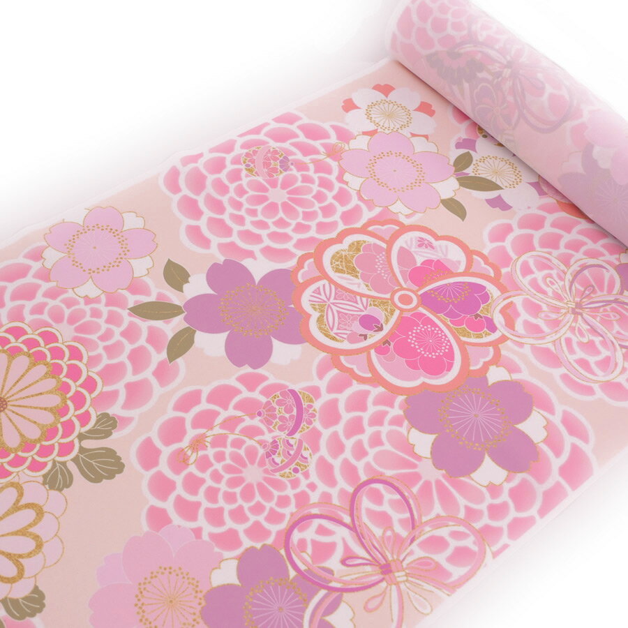 着物用洗える生地 大菊に桜梅(桃色) 1反売り(約12m)