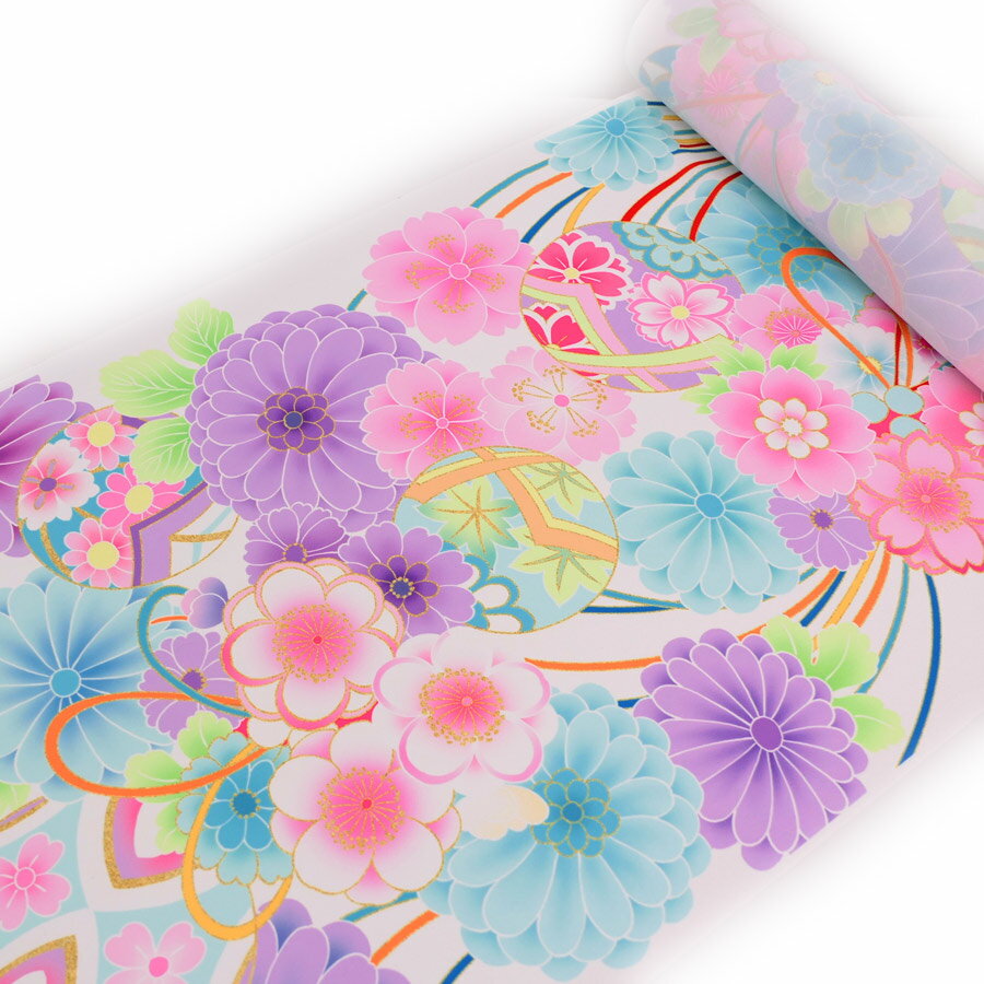 着物用洗える生地 彩り花結び(白地) 1反売り(約12m)
