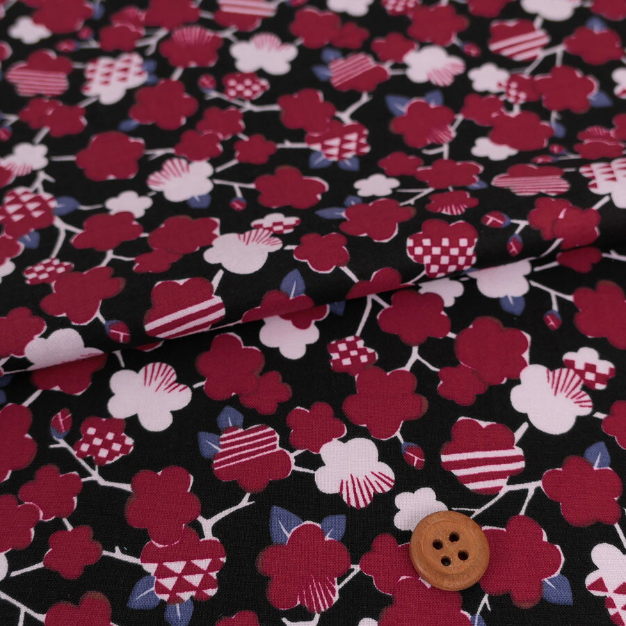 乐天商城 - 生産終了/在庫限り　和柄コットン生地 模様の枝梅(黒) 10cm単位 切り売り