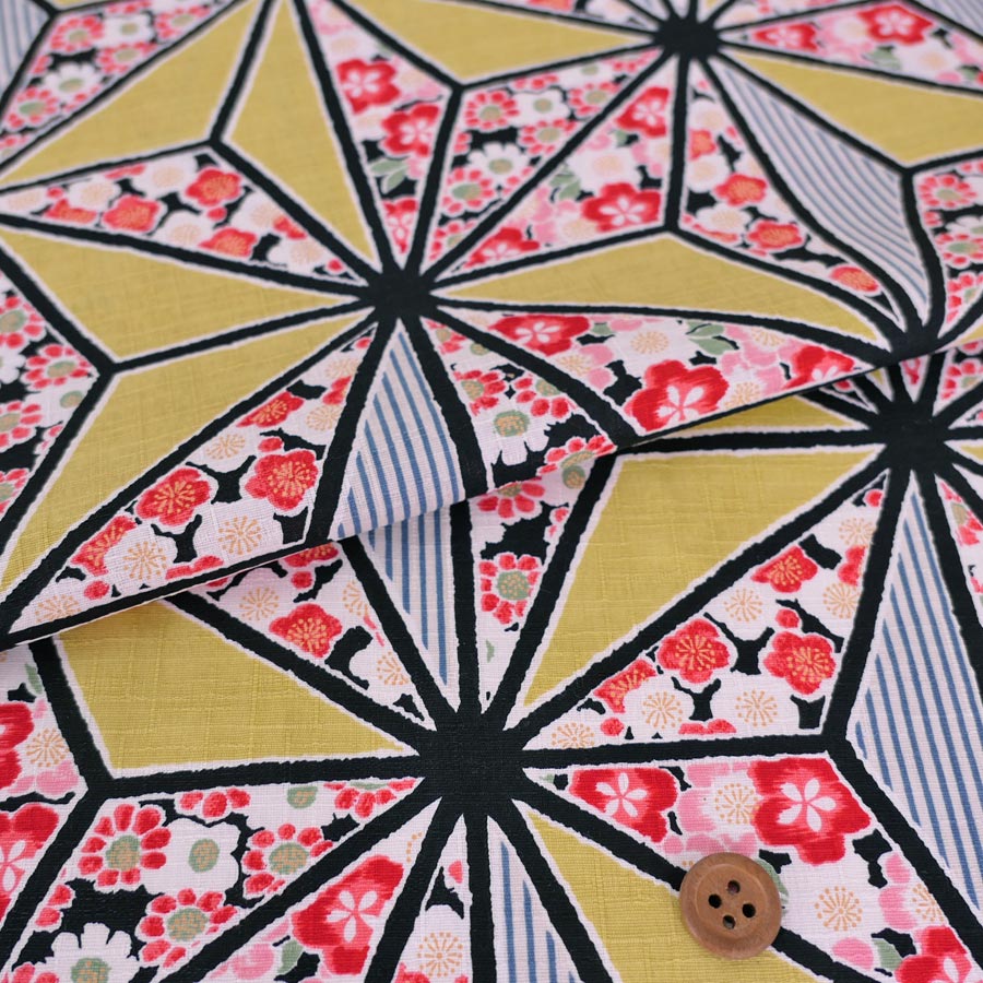 乐天商城 - 和柄コットン生地 麻の葉小花詰め(からし色) 10cm単位 切り売り