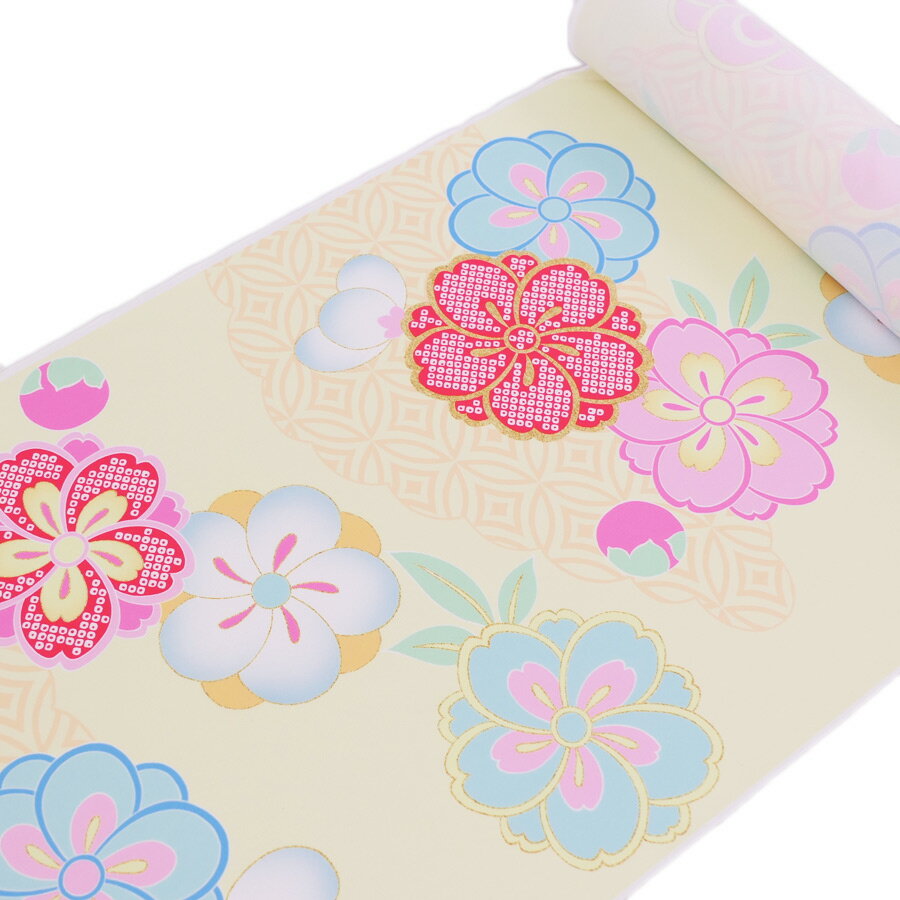 着物用洗える生地 七宝雲に梅桜(クリーム色) 1反売り(約12m)