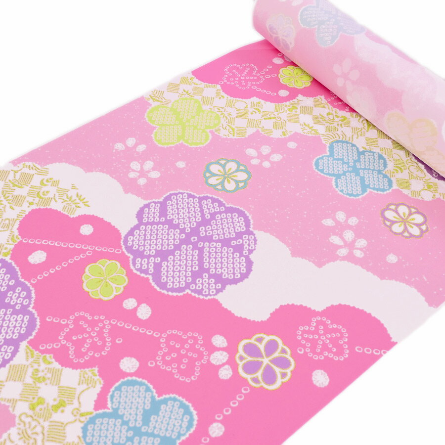 着物用洗える生地 宝尽くし雲取り柄にかのこ梅(ピンク) 1反売り(約12m)