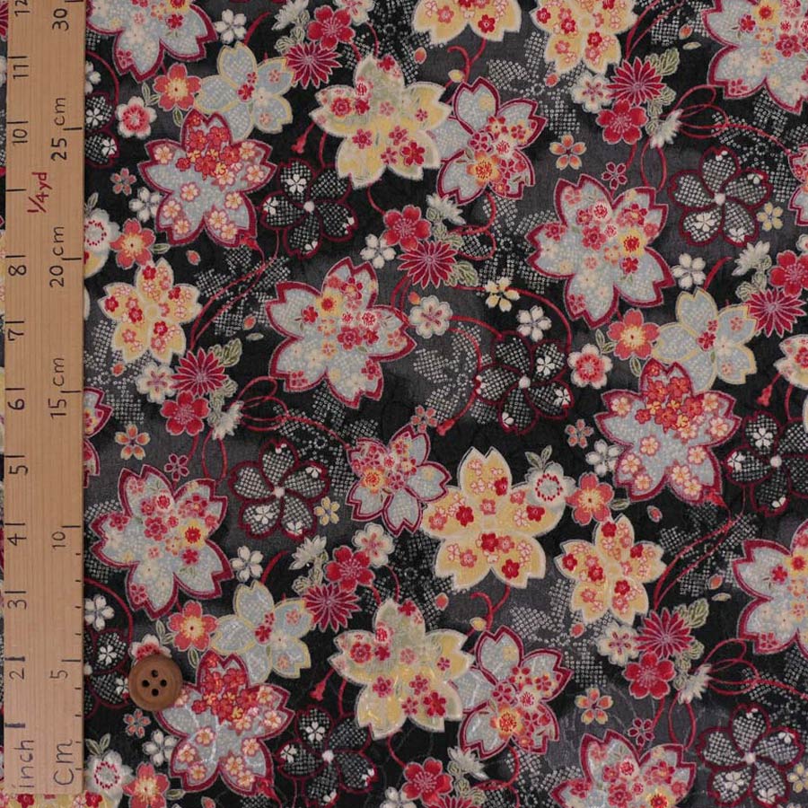 ポリジャガードちりめん生地 さくら(黒)10cm単位 切り売り