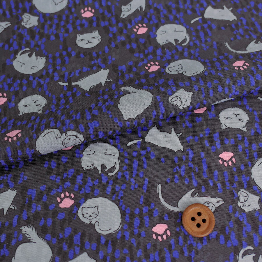 乐天商城 - コットン生地 点描に猫の日常(グレー/ブルー) 10cm単位 切り売り