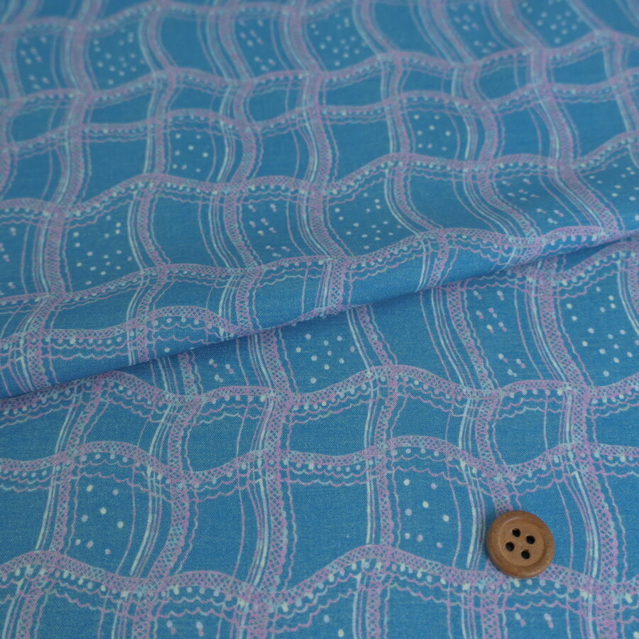 Rakuten - コットン生地 レースの格子柄(ブルー/ピンク) 10cm単位 切り売り