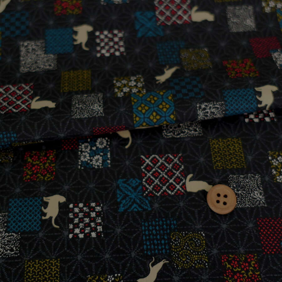 乐天商城 - 和柄コットン生地 麻葉地に伝統柄と猫(黒) 10cm単位 切り売り