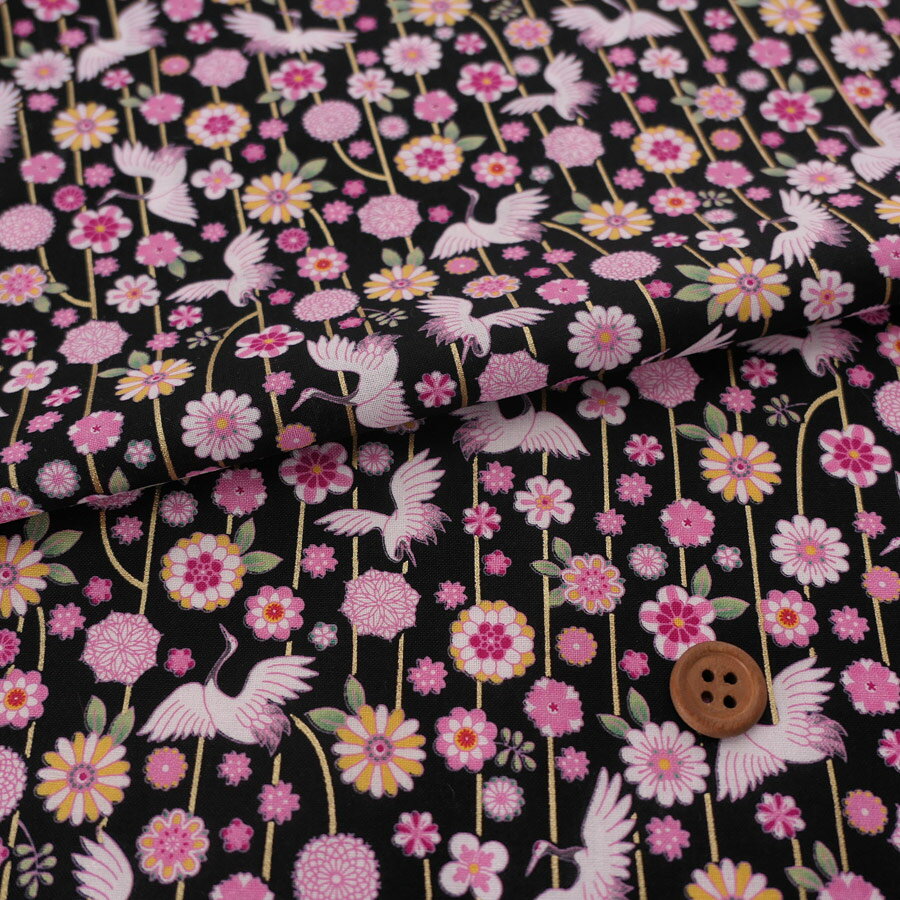 Rakuten - 和柄コットン生地 鶴のつるし飾り(黒) 10cm単位 切り売り