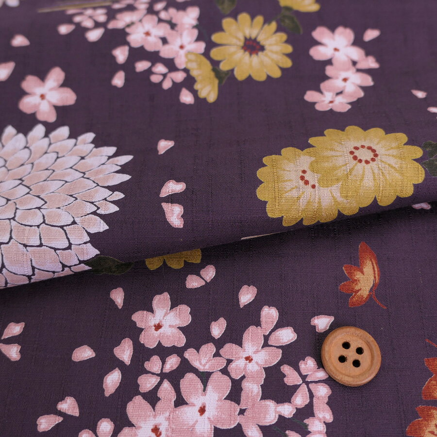 Rakuten - 和柄コットン生地 花綴り(深紫) 10cm単位 切り売り