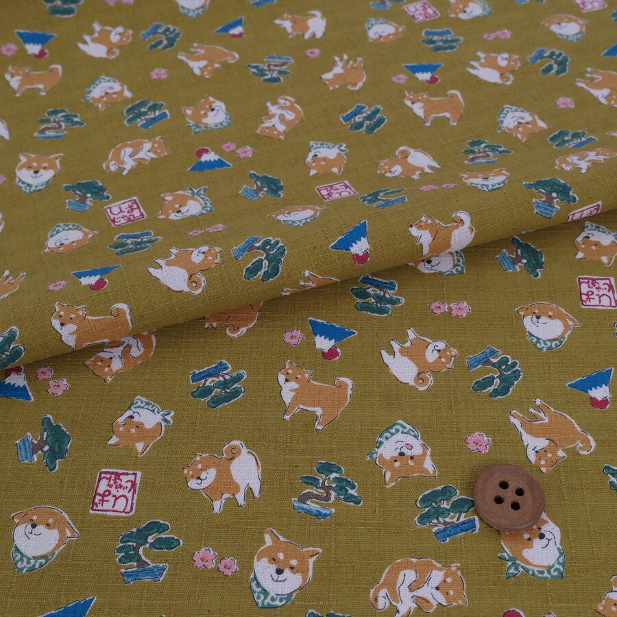 乐天商城 - 和柄コットン生地 柴犬びより(おうど色) 10cm単位 切り売り