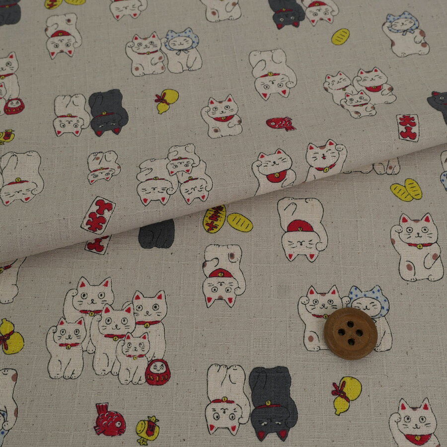乐天商城 - 和柄コットン生地 招き猫ファミリー(グレージュ) 10cm単位 切り売り