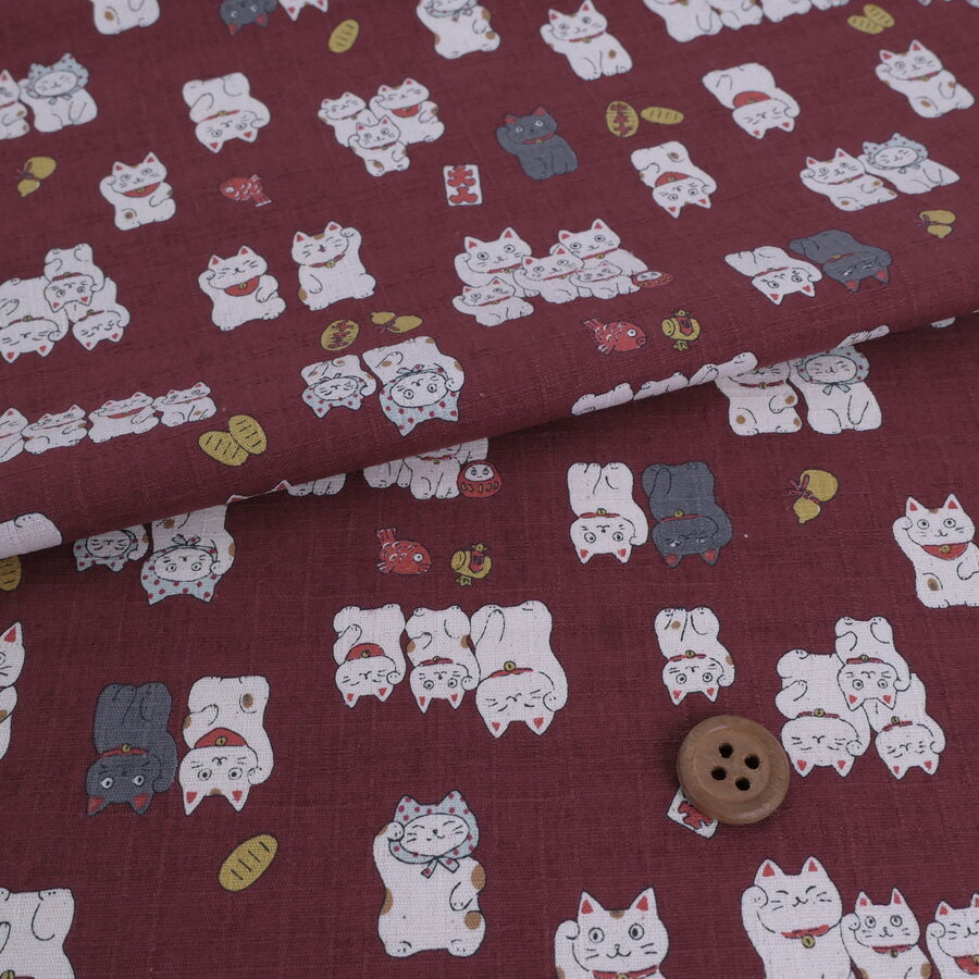 乐天商城 - 和柄コットン生地 招き猫ファミリー(えんじ色) 10cm単位 切り売り