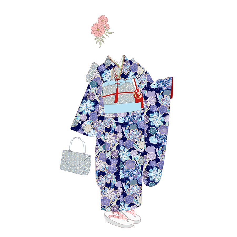 着物用洗える生地 束ねのしに和花(紺色) 1反売り(約12m)
