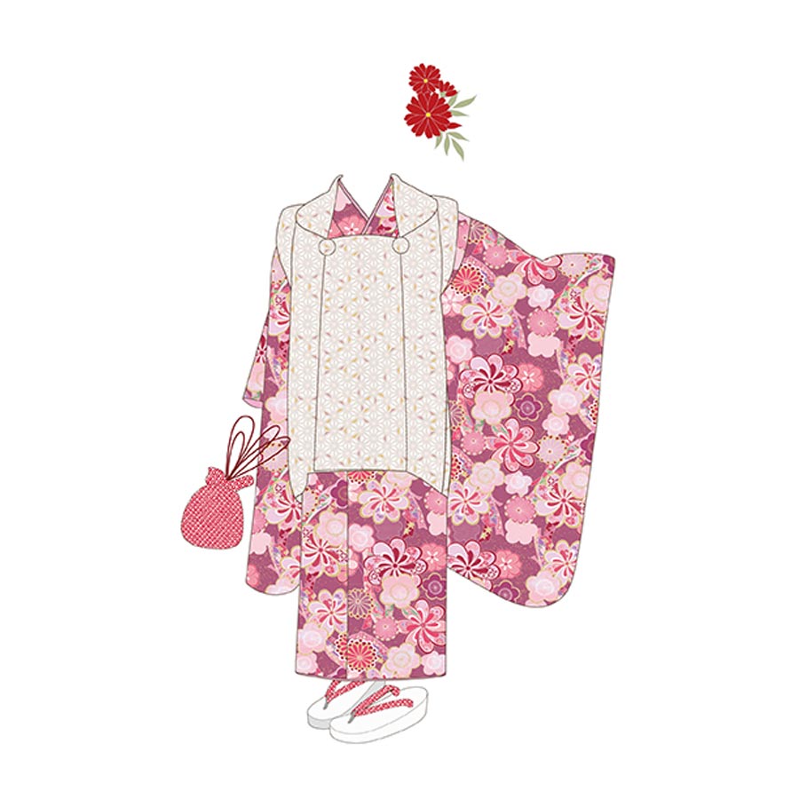 着物用洗える生地 束ねのしに和花(ピンク) 1反売り(約12m)