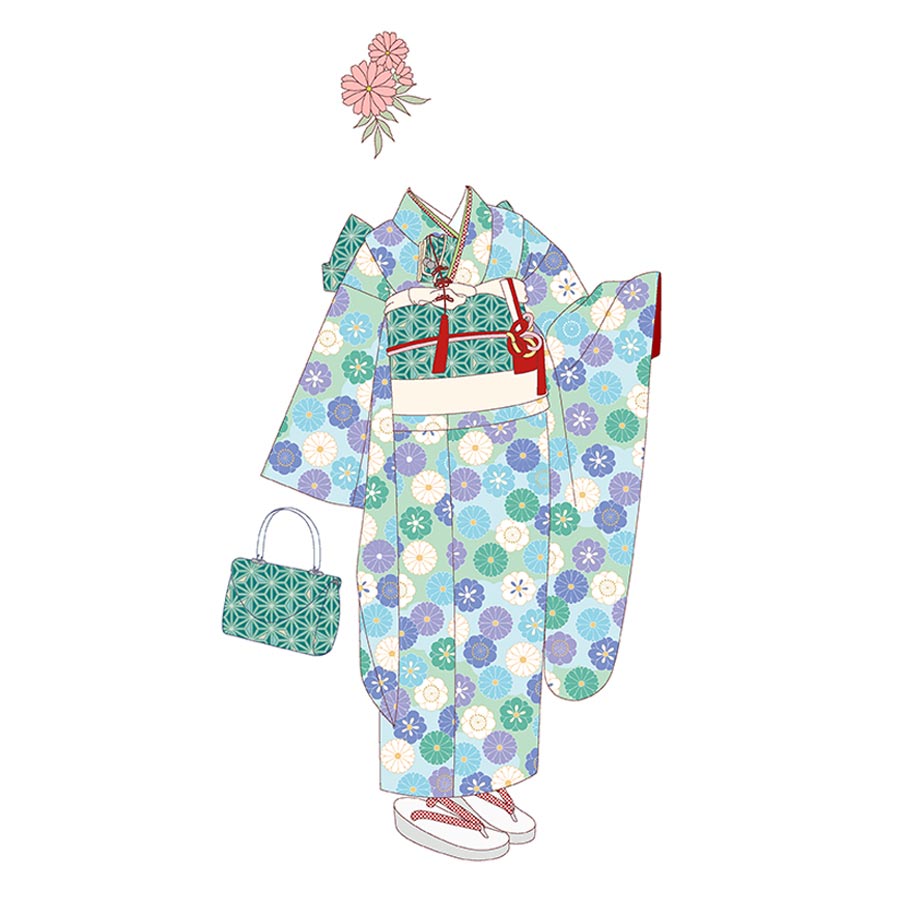 着物用洗える生地 菊梅並べ(ブルーグリーン) 1反売り(約12m)