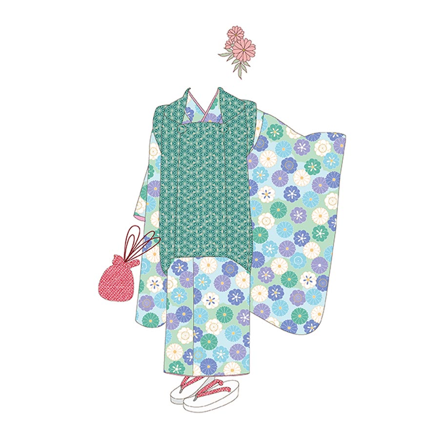 着物用洗える生地 菊梅並べ(ブルーグリーン) 1反売り(約12m)
