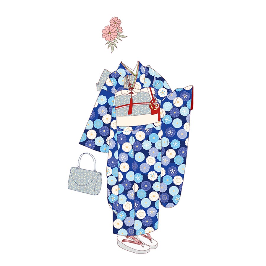 着物用洗える生地 菊梅並べ(青系) 1反売り(約12m)