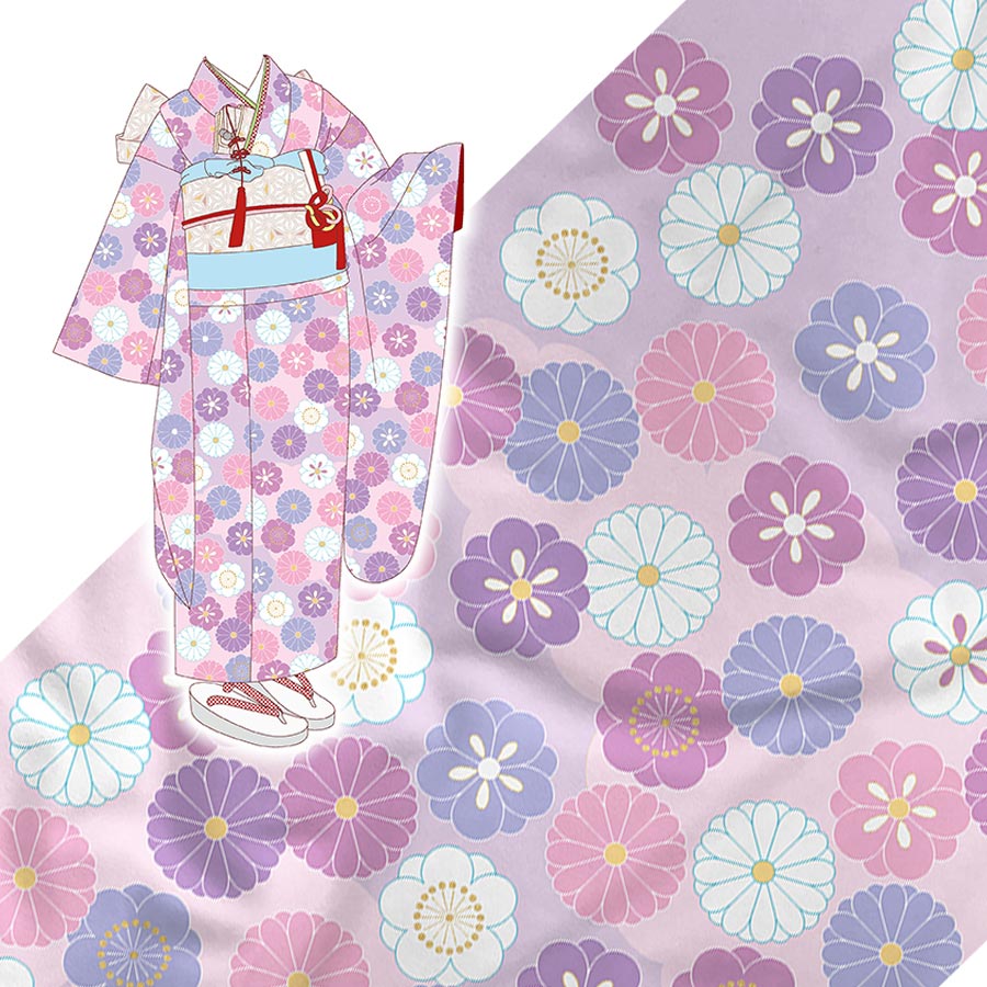 着物用洗える生地 菊梅並べ(ピンク) 1反売り(約12m)