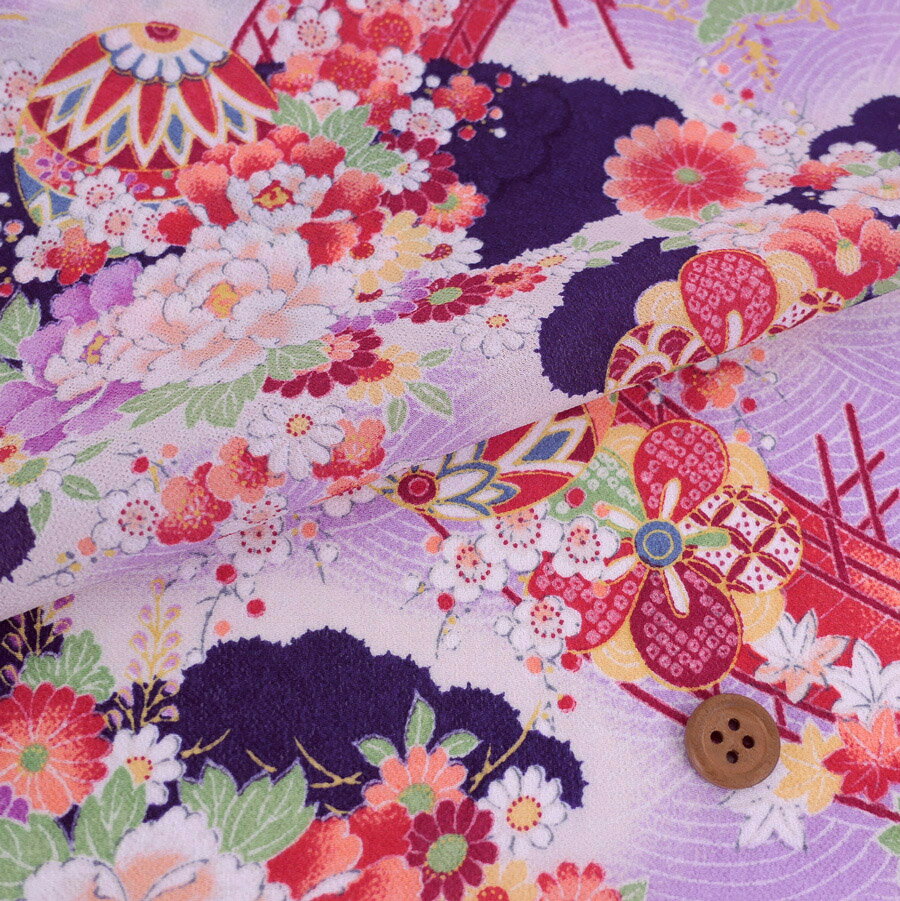 Rakuten - 一越ちりめん・波文様に花(紫) 10cm単位 切り売り