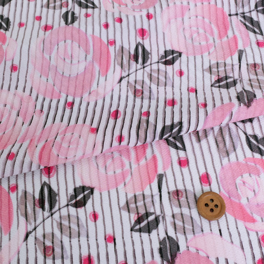 乐天商城 - ポリちりめん生地 縞にばら(ピンク/グレイ) 10cm単位 切り売り
