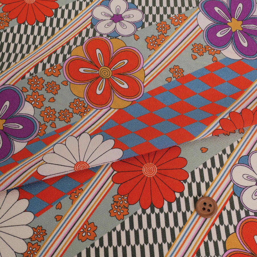 Rakuten - ポリちりめん生地 斜め市松に花(浅緑) 10cm単位 切り売り