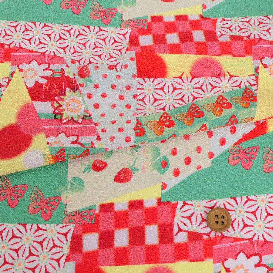 乐天商城 - ポリちりめん生地 ガーデンパーティー(赤/緑) 10cm単位 切り売り
