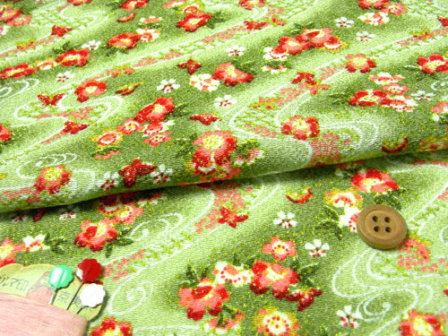 ちりめん生地・らせん流水に花と蝶(うぐいす) 10cm単位 切り売り