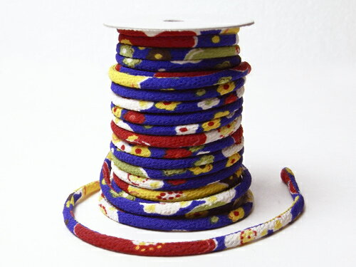 ちりめん丸ひも・柄・3ミリ(実寸約4ミリ)　彩り椿・ブルー 10cm単位 切り売り