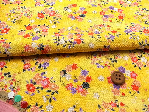 Silk Crape - ちりめん生地・花の輪(黄色) 10cm単位 切り売り
