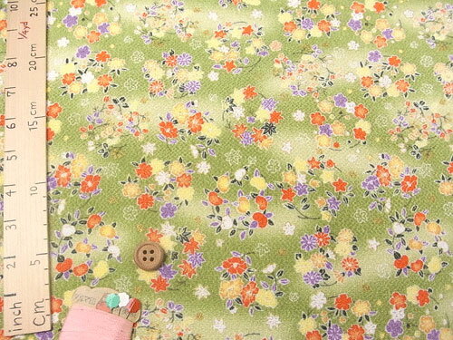 ちりめん生地・花の輪(黄緑) 10cm単位 切り売り