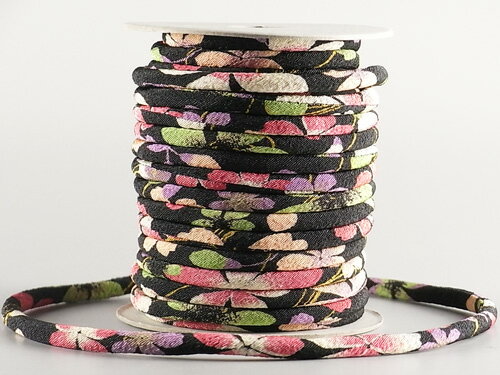 ちりめん丸ひも・柄・4ミリ(実寸約5-6ミリ)　流水桜・黒 10cm単位 切り売り