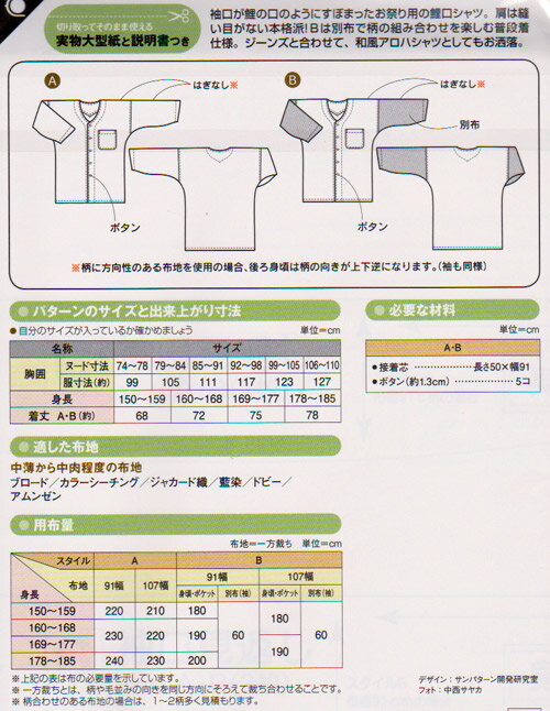 実物大型紙・ダボシャツ 鯉口タイプ（成人男女）【RCP】
