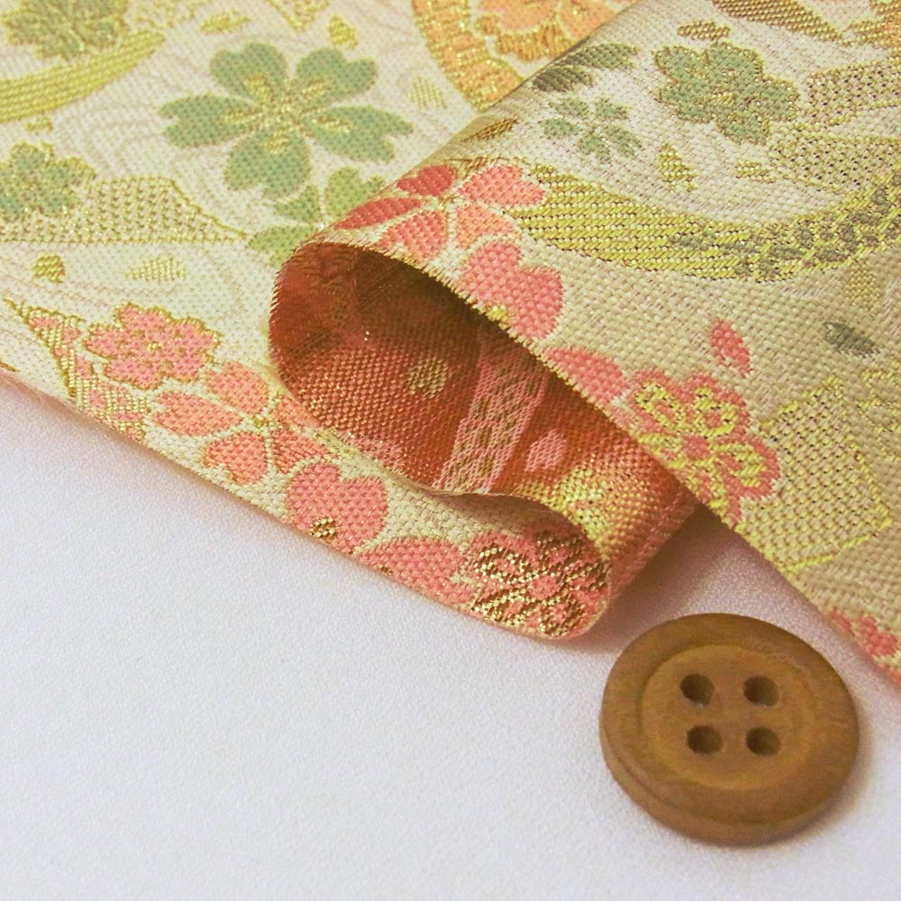 金襴生地(金らん)流れのしに桜(ベージュ) 10cm単位 切り売り