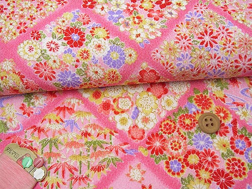 Rakuten - ちりめん生地・春秋模様(ピンク) 10cm単位 切り売り