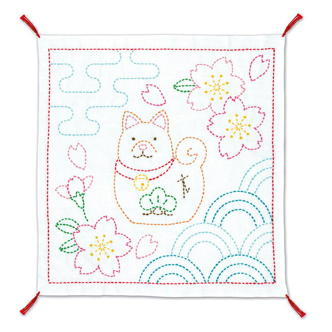戌年の刺し子ふきんキット。干支の柄でキッチンにも新年の雰囲気を♪図案は布にプリント済み。イヌと桜を中心とした縁起の良い図柄です。●出来上がりサイズ：約 縦34cm×横34cm●初級者向●キット内容：晒木綿（綿100%）白、刺し子糸（綿100...