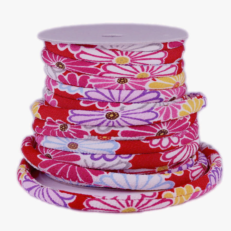 ちりめん丸ひも・柄・8ミリ(実寸約9-10ミリ) 菊並べ・赤 10cm単位 切り売り