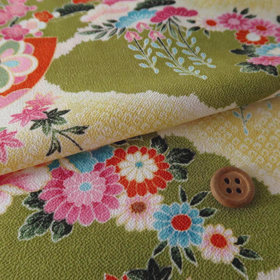 乐天商城 - 一越ちりめん かのこ雲に百花扇柄(黄緑) 10cm単位 切り売り