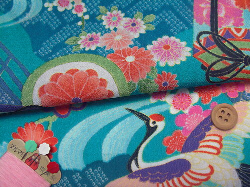 Rakuten - 一越ちりめん・貝桶に鶴(青) 10cm単位 切り売り