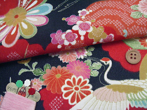 Rakuten - 一越ちりめん・貝桶に鶴(黒) 10cm単位 切り売り