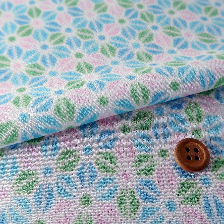 ちりめん生地・麻葉調の花模様(白/水色/緑) 10cm単位 切り売り