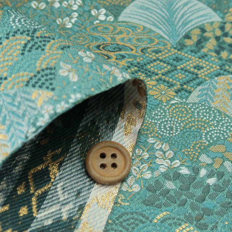 金襴生地(金らん) 柄の青海波(青緑色) 10cm単位 切り売り