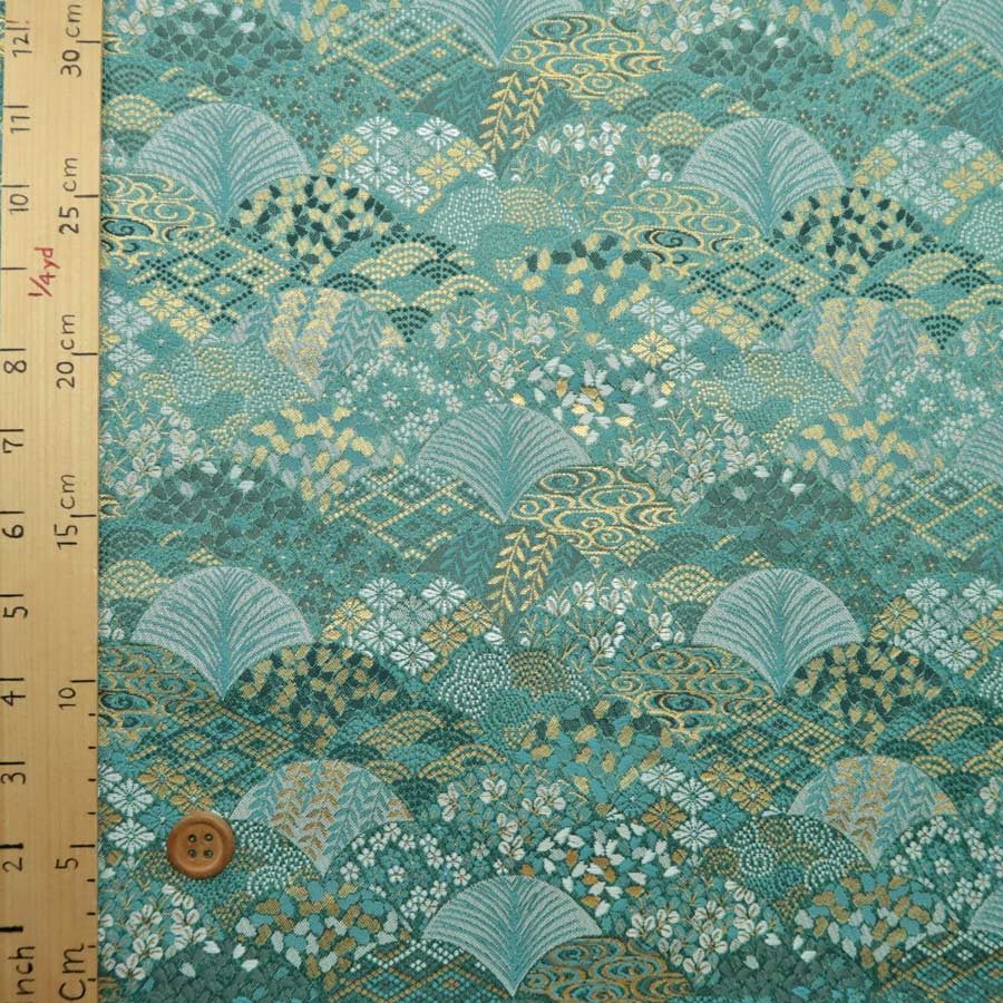 金襴生地(金らん) 柄の青海波(青緑色) 10cm単位 切り売り