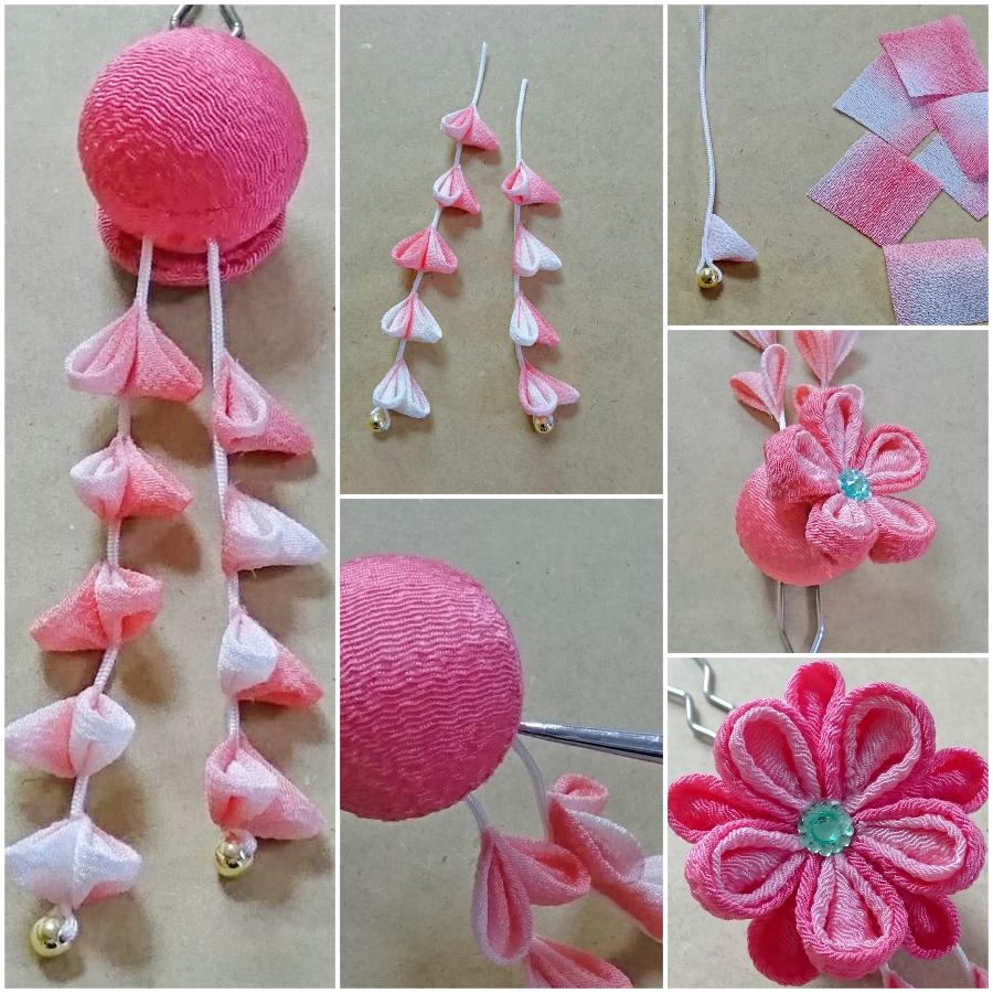 つまみ細工キット 花かんざし・二輪藤下がり(桃色)