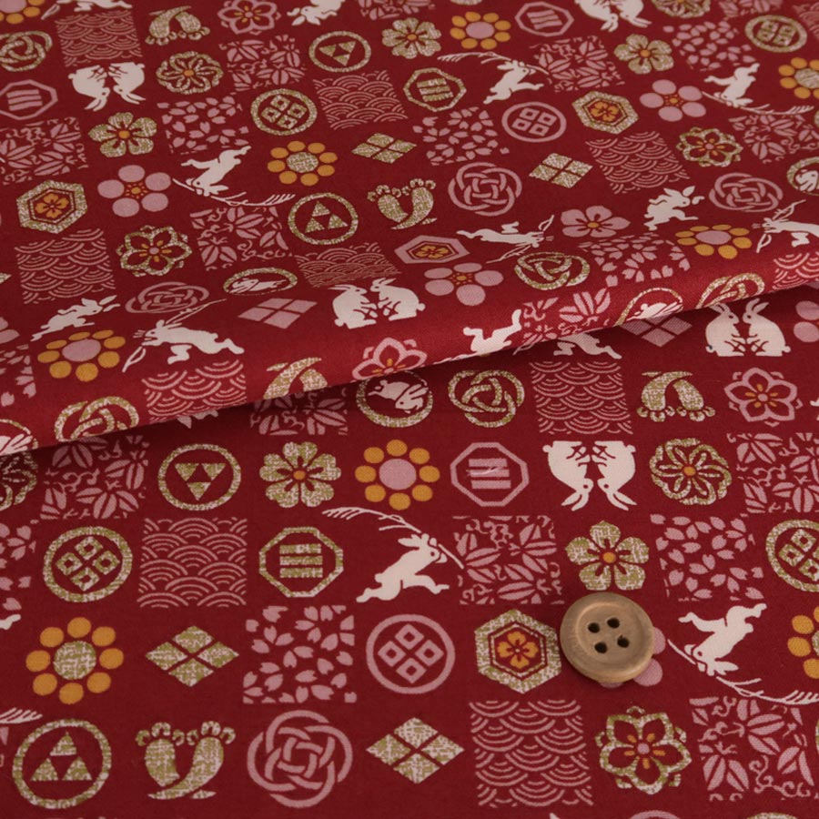 乐天商城 - 和柄コットン生地 市松あそび兎(えんじ) 10cm単位 切り売り