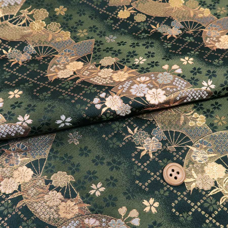 乐天商城 - 金襴生地(金らん)斜取り扇面桜(黒/老緑おいみどり) 10cm単位 切り売り