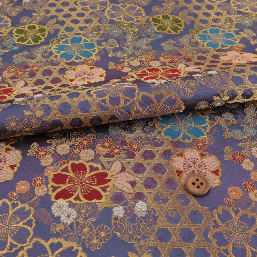 金襴生地(金らん) 八重桜にかごめ文様(藤はとば色) 10cm単位 切り売り