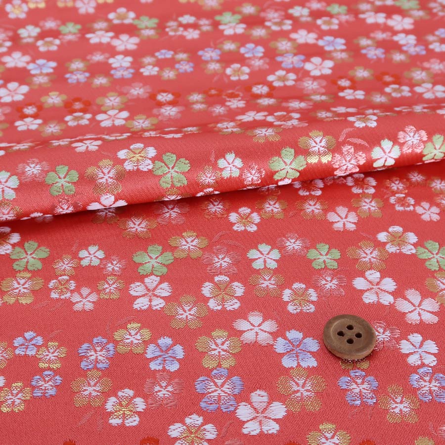 Rakuten - 金襴生地(金らん) 丸く寄り添う小花(さんご色) 10cm単位 切り売り